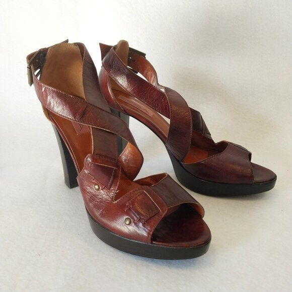 Via Spiga Sandals Womens 8.5 M Brown Leather Gladiator Multi Straps Block Heel - Picture 1 of 13